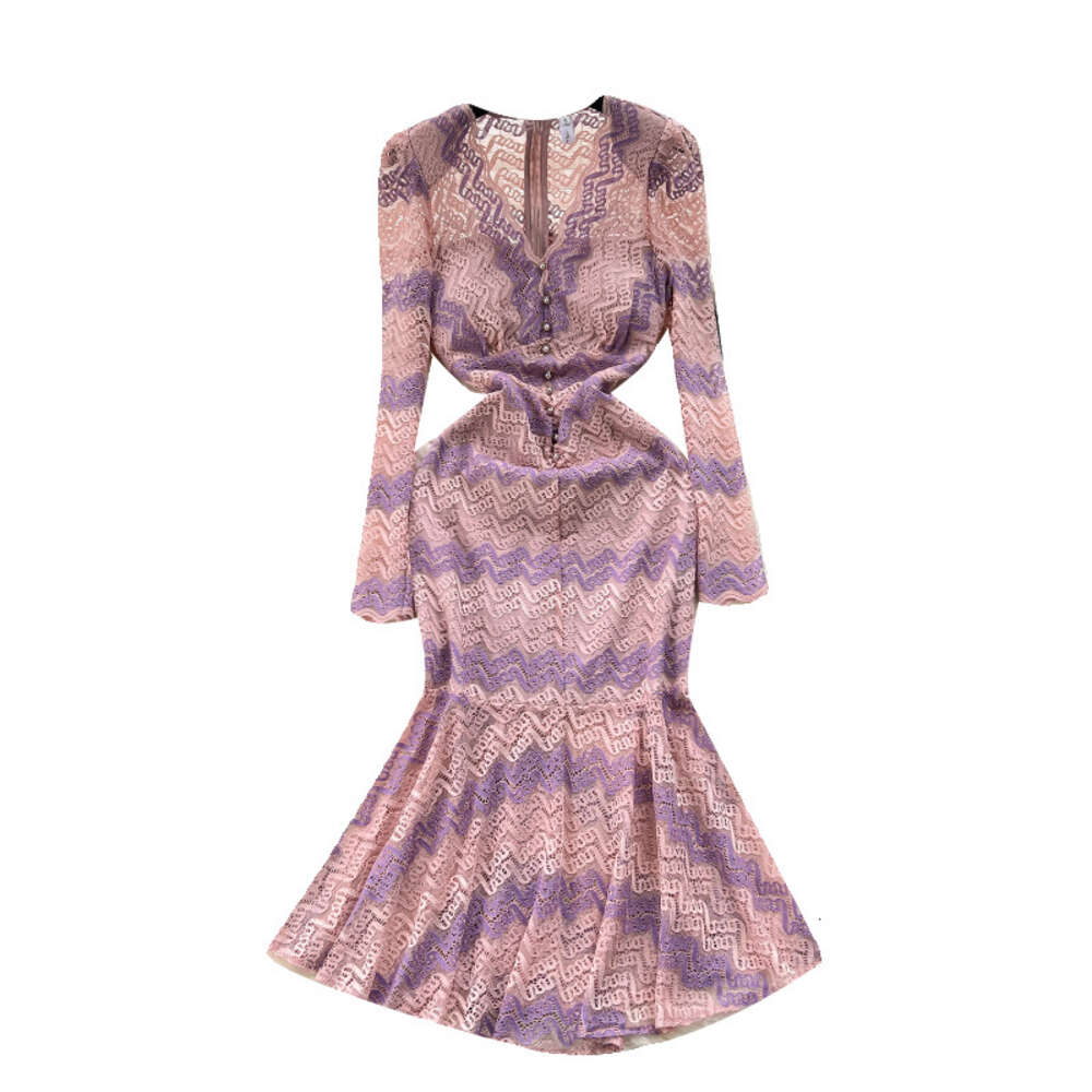 Light mature style womens clothing design with wavy edges V-neck buckle slim fit medium length lace fishtail skirt elegant dress