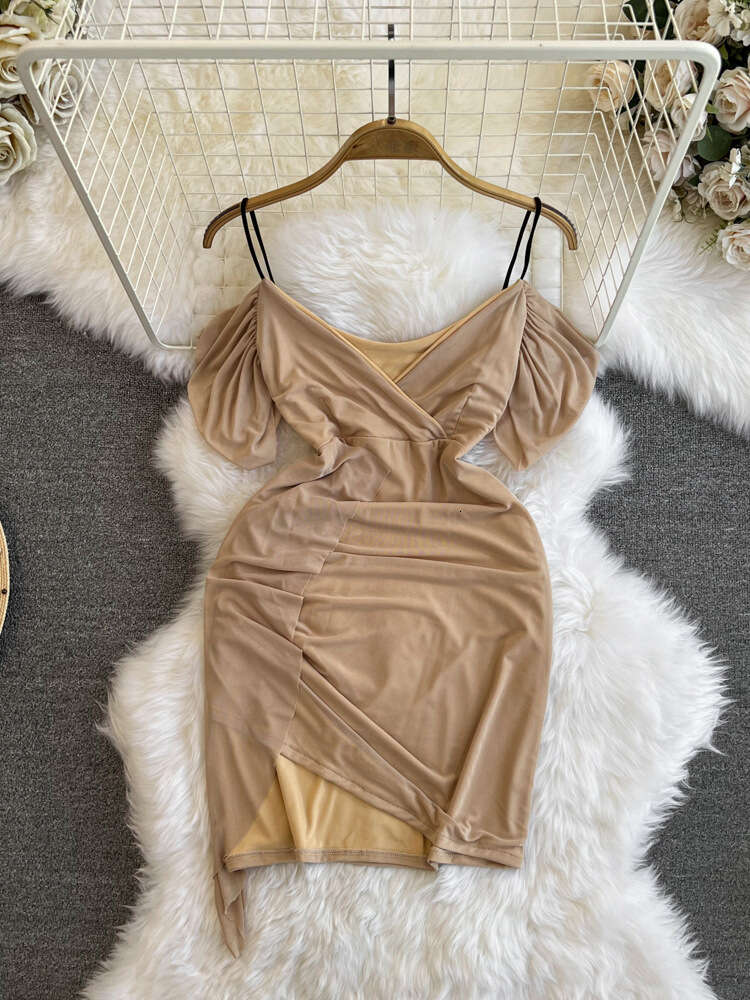 Summer Fashion Nightclub Sexy V-neck Low cut Waist Slim Look Short Style Slim Hanging Strap Hip Wrap Bottom Mesh Dress for Women