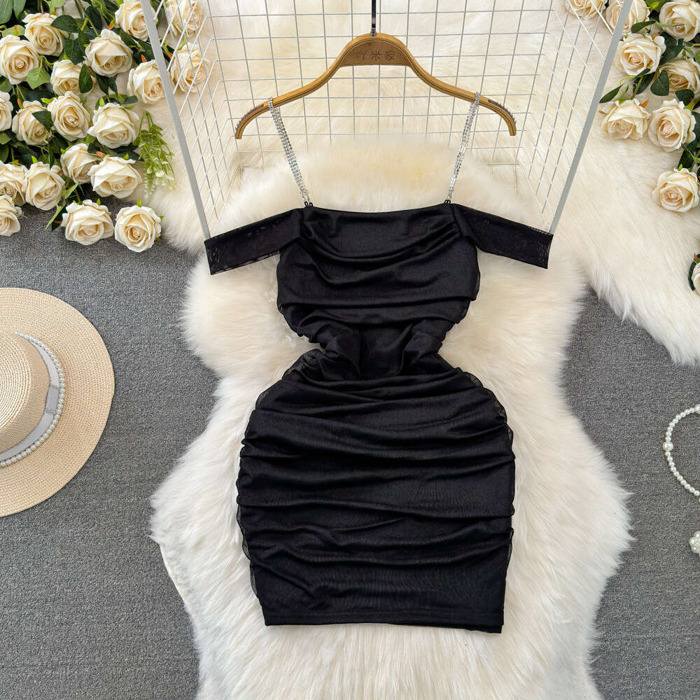 Summer Fashion New Sexy Nightclub Off the Shoulder Off the Shoulder Waist Slimming Short Mesh Wrap Hip Hanging Strap Dress
