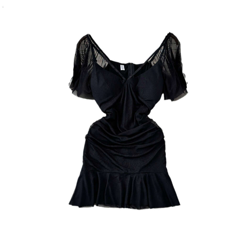 Fashionable and Spicy Girl Sexy Lotus Leaf Sleeves Deep V-Neck Low Chest Waist Slimming Short Style Wrapped Hip Ruffle Edge Mesh Dress