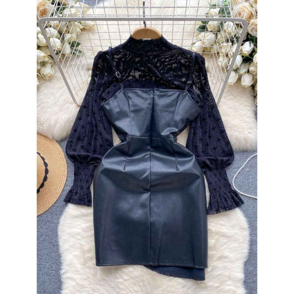 Royal Sister Fan suspender small leather skirt set womens high-end long sleeved mesh bottom shirt+two-piece dress set