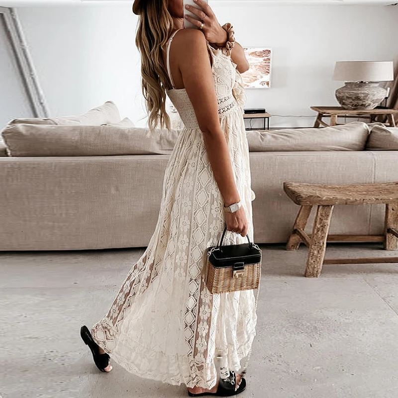 Off Shoulder Lace Patchwork Elegant Dress Women Summer V Neck Spaghetti Strap Dress Female Fashion Solid Party Dresses 240529