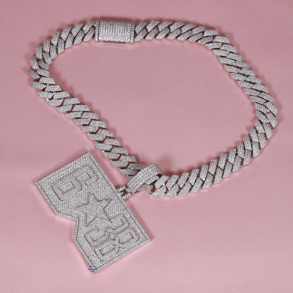 Exclusive custom designer 14 kt white gold moissanite round brilliant cut vvs diamond iced out hip hop pendant with cuban chain