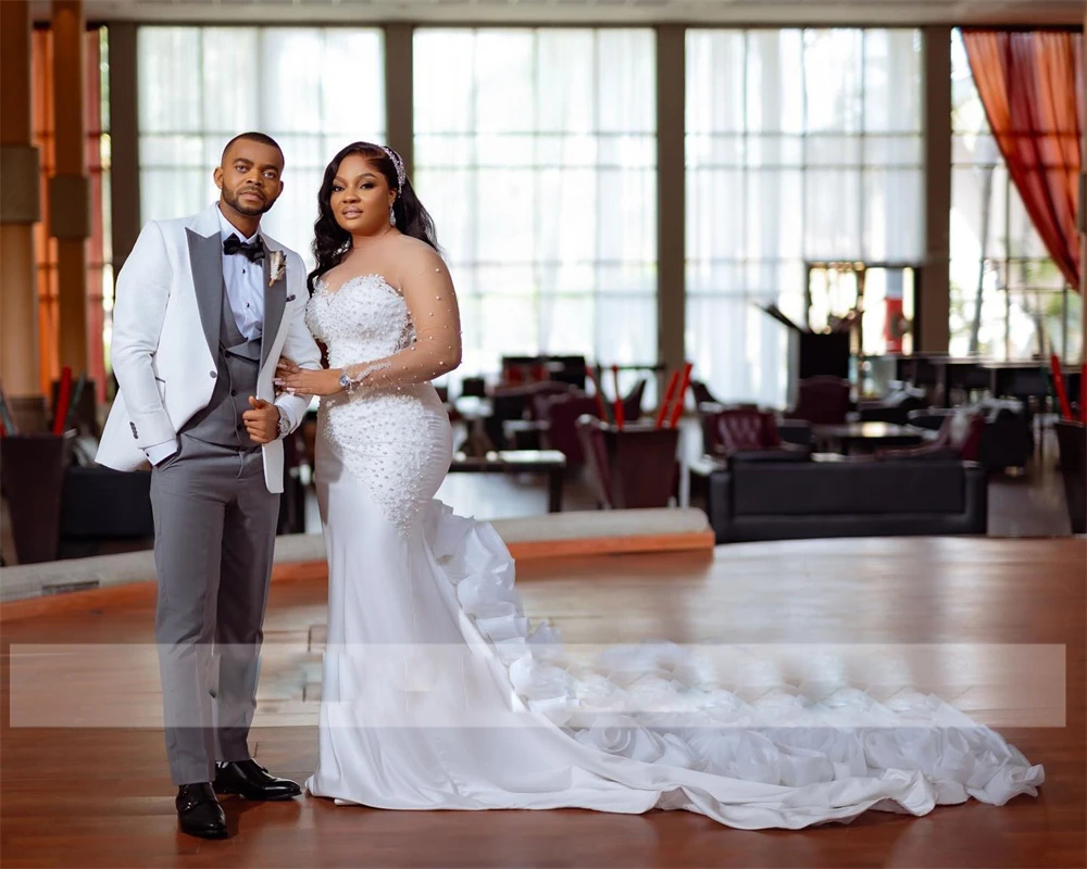 Classic Pearls Mermaid Wedding Dresses Sheer Neck Long Sleeve Bridal Dress Ruffles Train Plus Size African Womens Wedding Gown