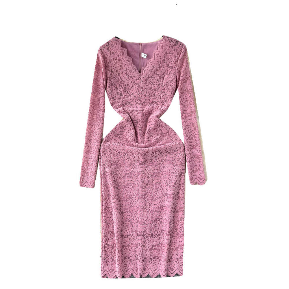 Light mature style womens clothing temperament V-neck slim fit mid length lace bottom skirt 2024 spring long sleeved dress for women