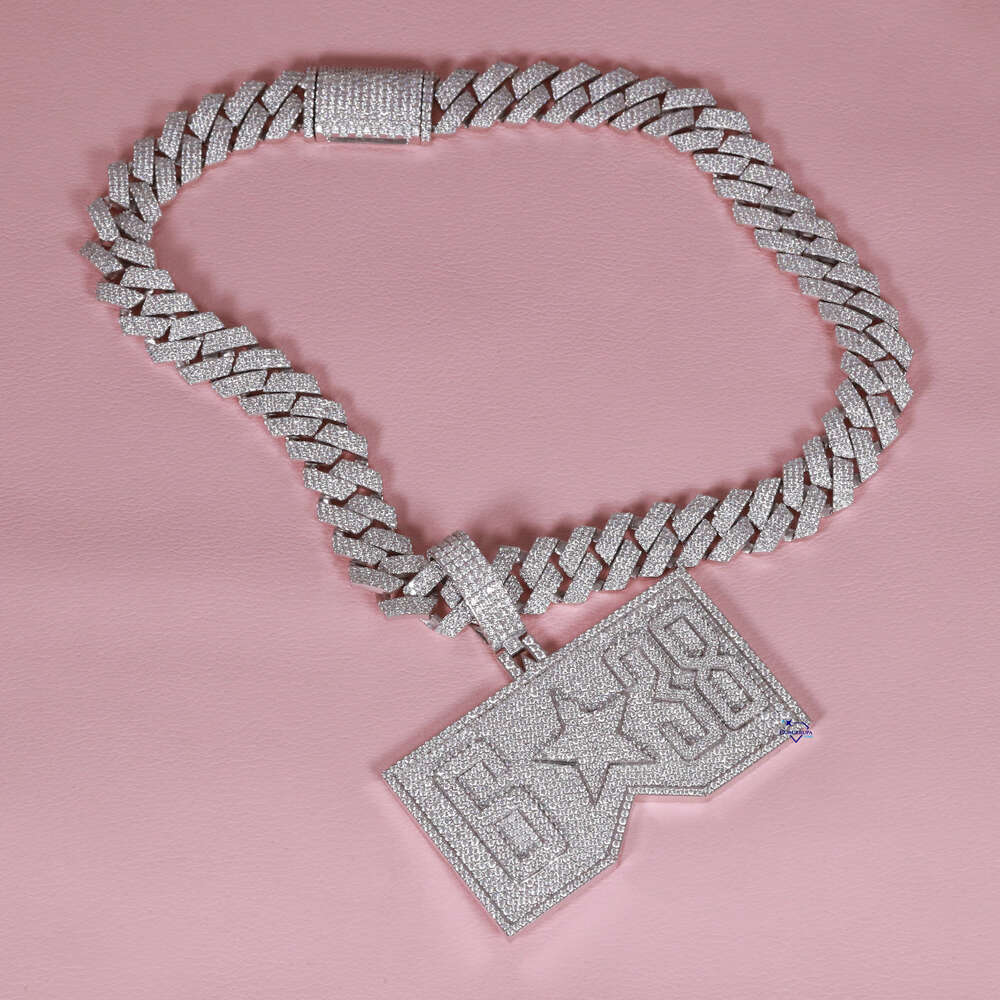 Exclusive custom designer 14 kt white gold moissanite round brilliant cut vvs diamond iced out hip hop pendant with cuban chain