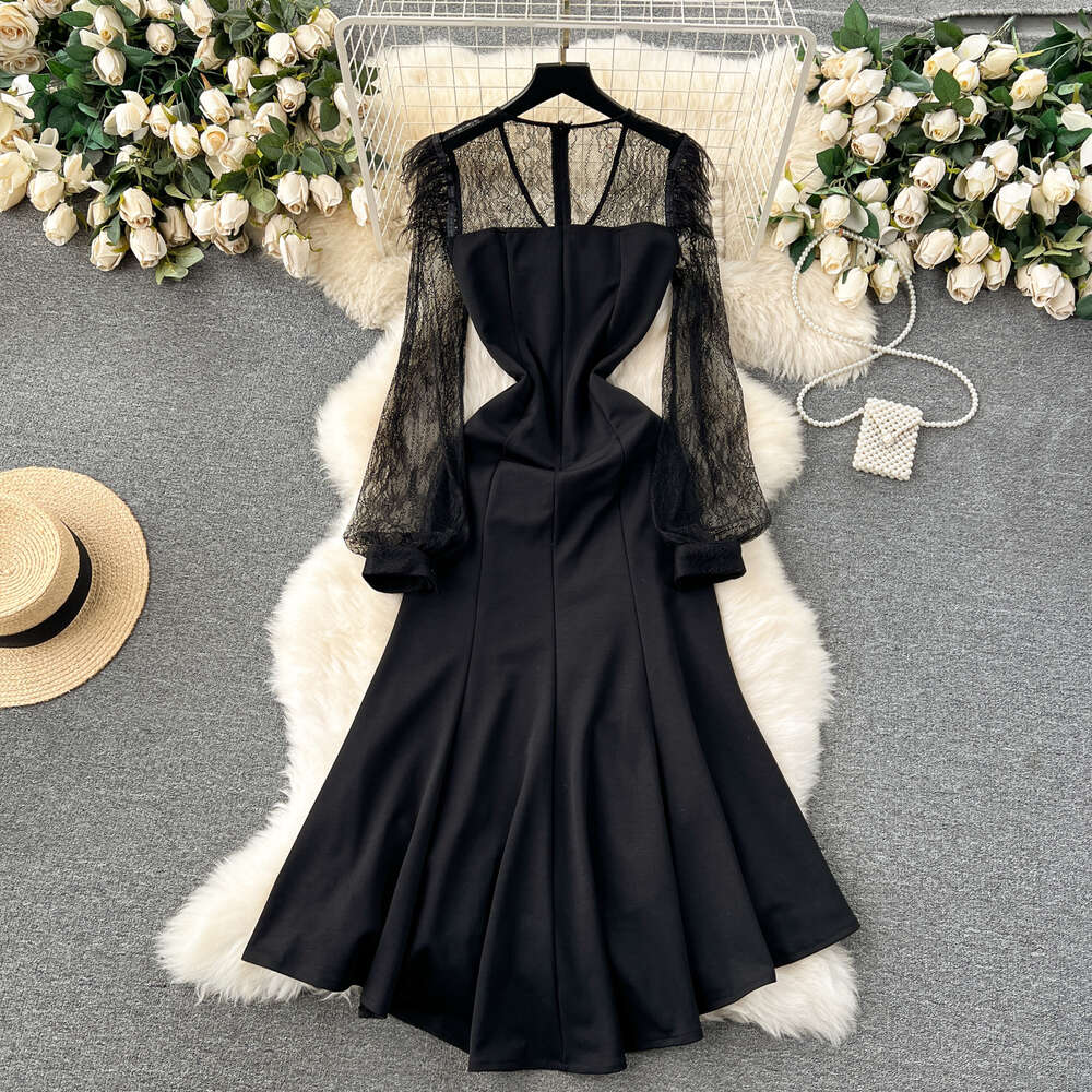 Light mature style womens clothing sexy perspective lace bubble sleeve patchwork slim fit mid length taildress dress for women