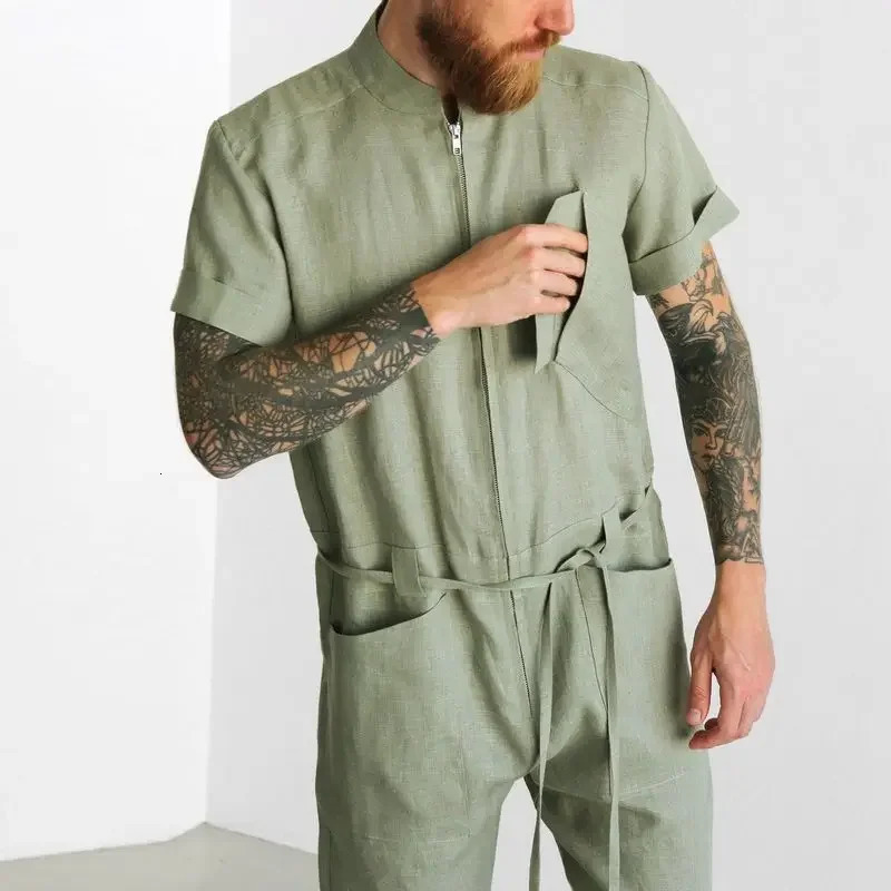 Mens Jumpsuits Linen Summer Leisure Suit Summer Short Sleeve Rompers Overalls Trousers Fashion Mens Joggers 240524