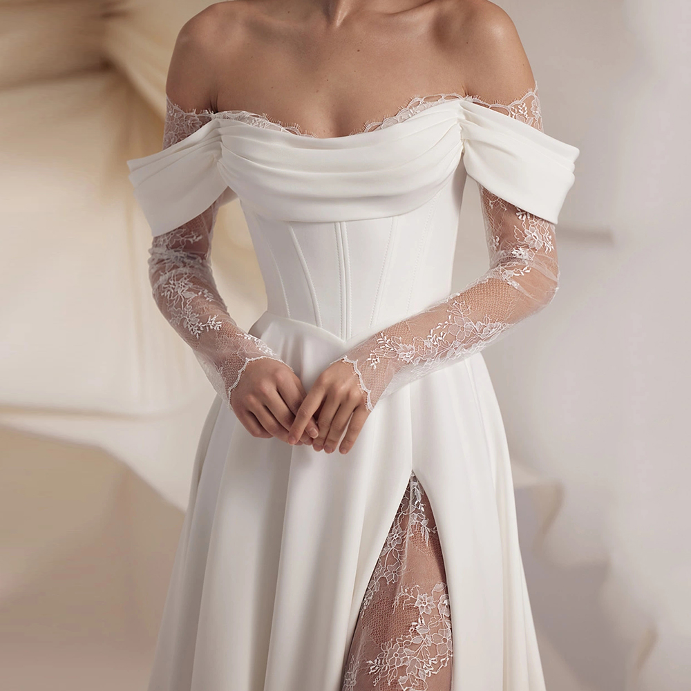 Exquisite Lace Side Split A Line Wedding Dress Bridal Gown Off the Shoulder Long Sleeve Satin Wedding Gown Robe De Mariage