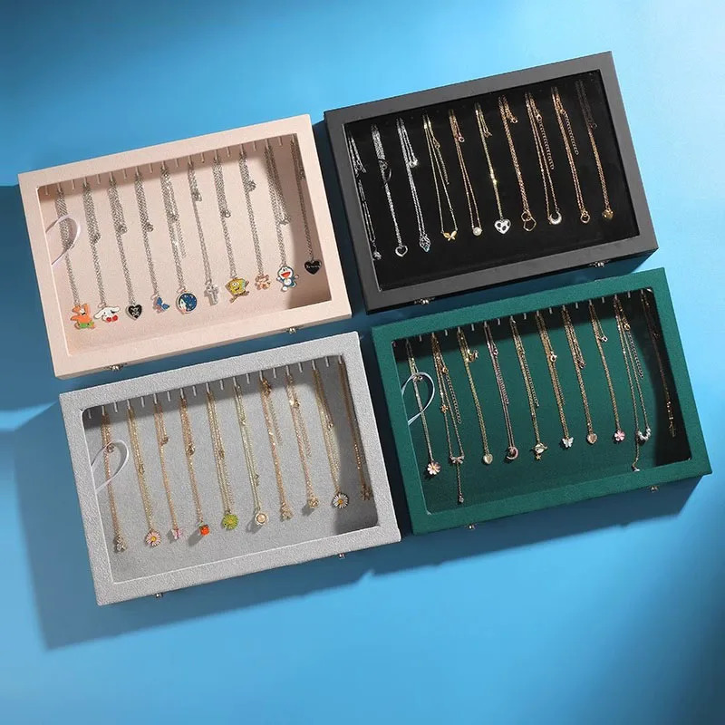 Ice Velvet 20 Hooks Jewelry Showcase for Necklaces Jewelry Box Stackable Glass Top Lockable 240528