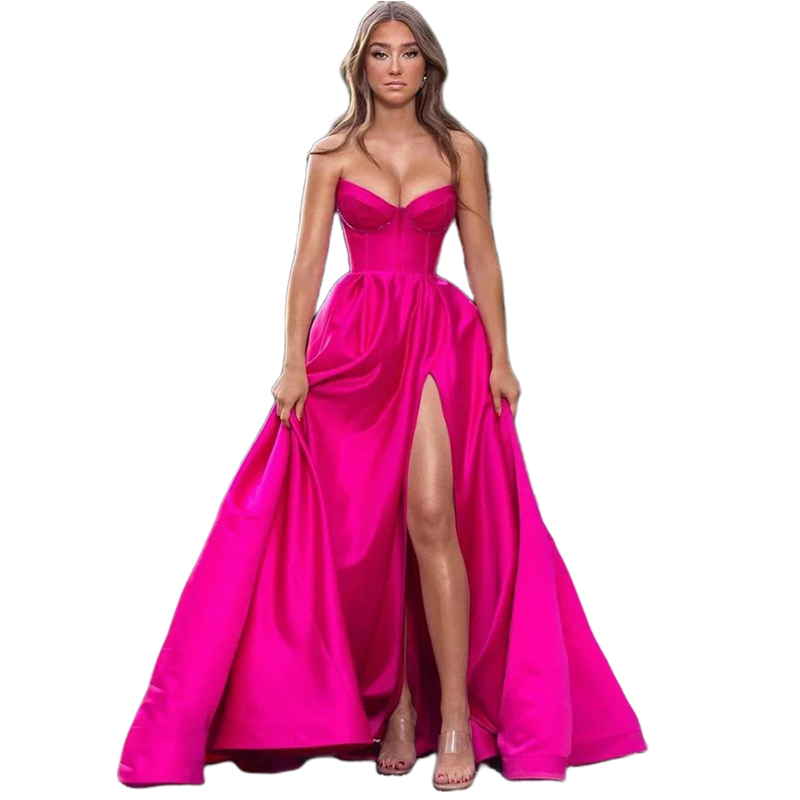 Fuchsia Stain Charming Prom Dresses Side Split A Line Simple Formal Gown Sweetheart Sleeveless Corset Sexy Evening Dress vestidos de noche