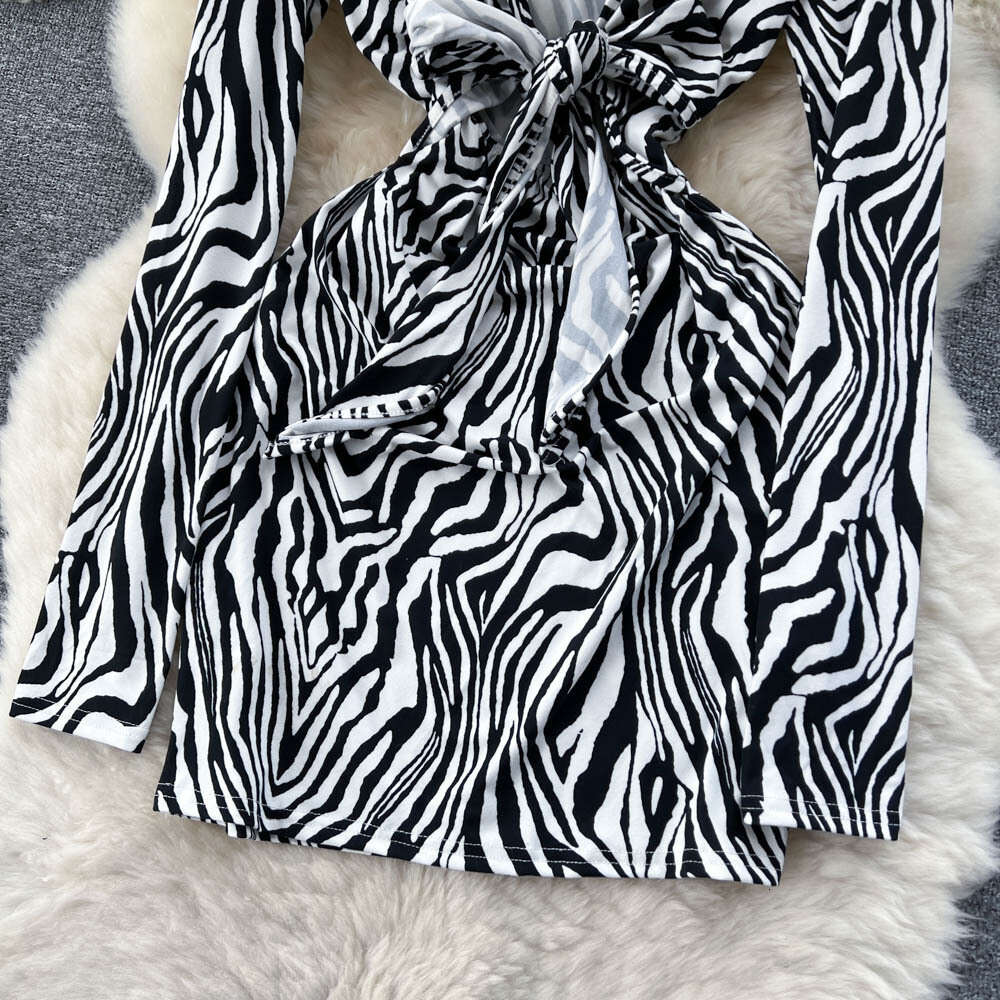 Spring and Autumn Spicy Girl Deep V-neck Hollow Tie Long Sleeve Zebra Print Tight Long Sleeve Wrapped Hip Dress