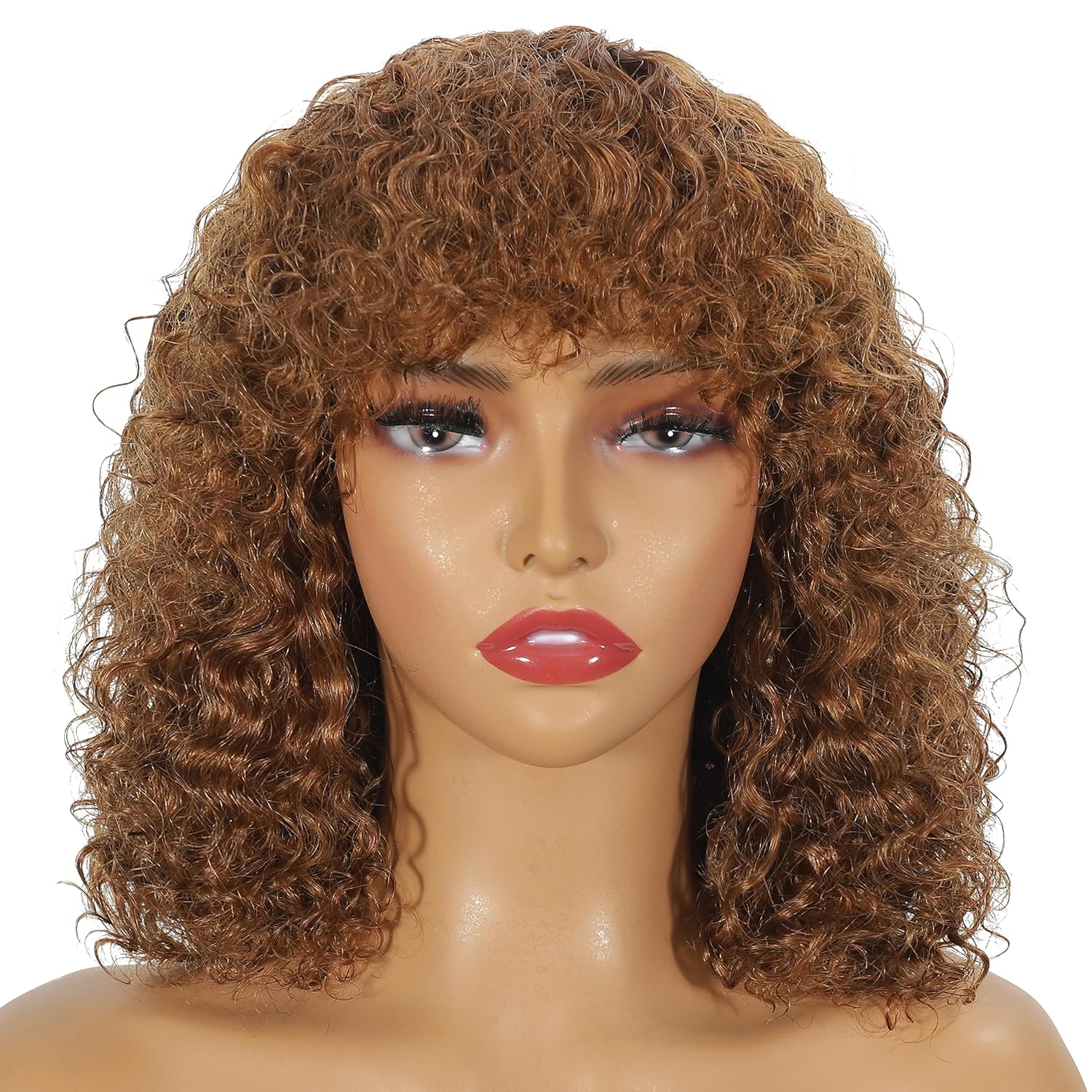Curly Wig with Bangs Human Hair None Lace Front Glueless Short Kinky Curly Bob Wigs Afro Curly Wigs for Black Women Jerry Curly 200 Density Brown Mach