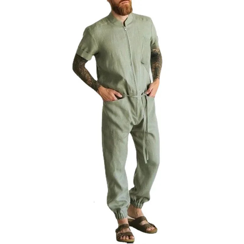 Mens Jumpsuits Linen Summer Leisure Suit Summer Short Sleeve Rompers Overalls Trousers Fashion Mens Joggers 240524