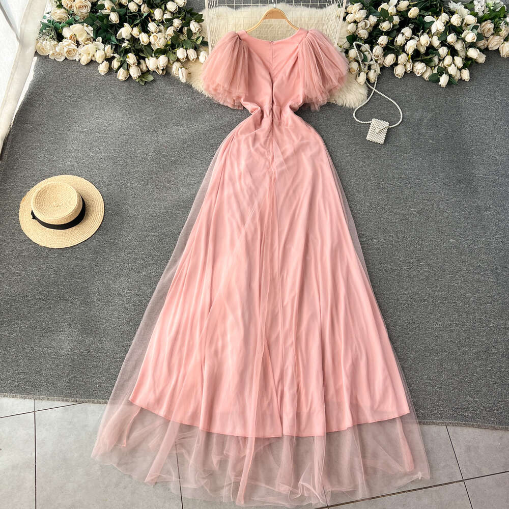 Palace style dress high-end light luxury niche long fairy dress sweet pink mesh slit high-end feeling dress