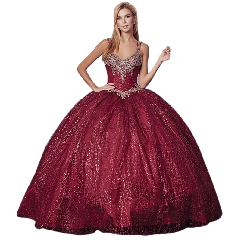Sparkle Burgundy Sequined Quinceanera Dresses Straps Floor Length Ball Gown Prom Sweet 16 Dress Vestido De 15 Anos Robe Back Lace-Up Appliques