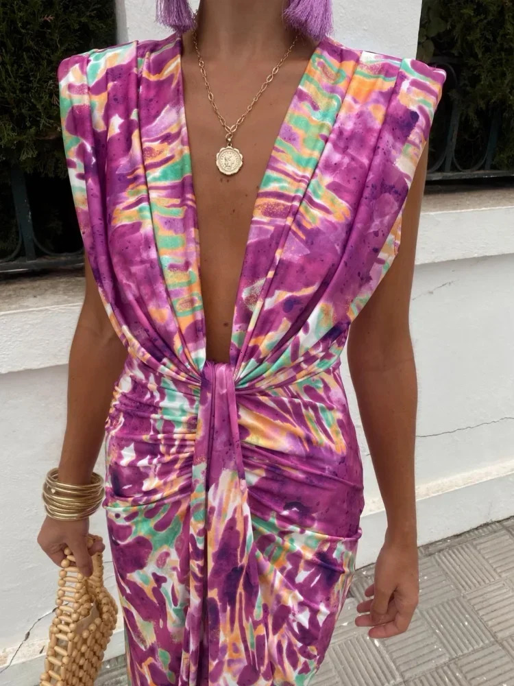 Women Fashion Printed Splited Midi Dress Sexy Deep V Neck Sleeveless Pleated Vestidos Summer Elegant Lady Party Dresses 240603