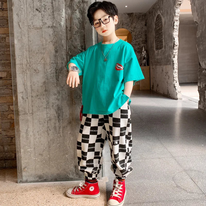 Summer Teenage Boy Girls Clothes Set Children Tshirts and Plaid Pants 2 Pieces Suit Kid Short Sleeve O Neck Top Bottom Tracksuit 240531