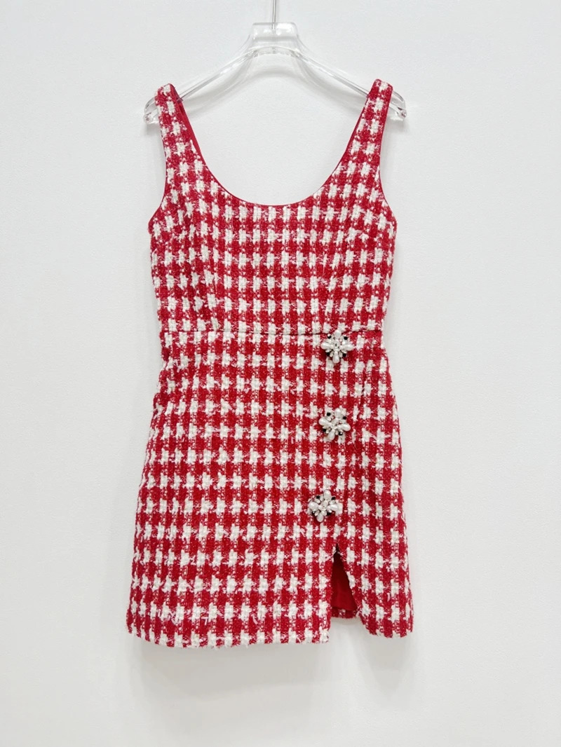 Arrive Red And White Plaid Tweed Women Mini Dress Sleeveless Slit Hem Lady Tank Dress 240529
