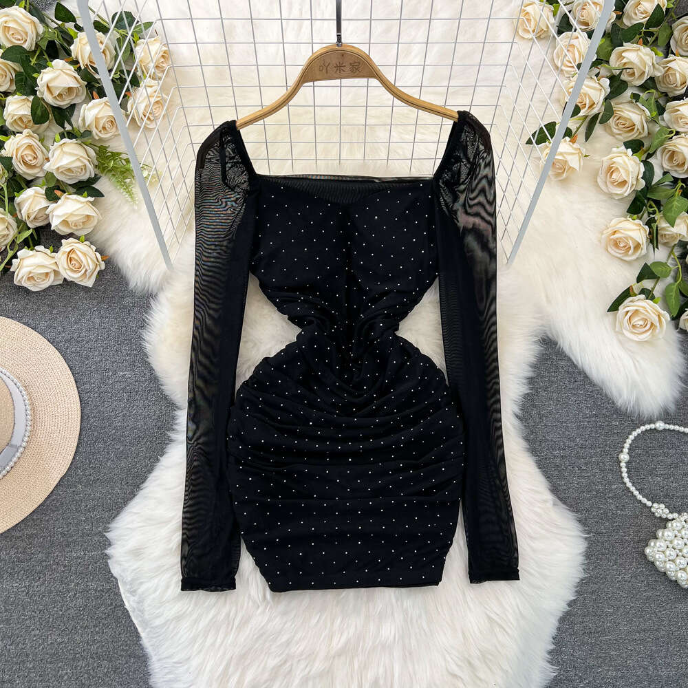 Spring and Autumn Fashion Celebrity Style Long sleeved Square Neck Waist Wrapped Slim Short Style Diamond Mesh Wrapped Hip Bottom Dress
