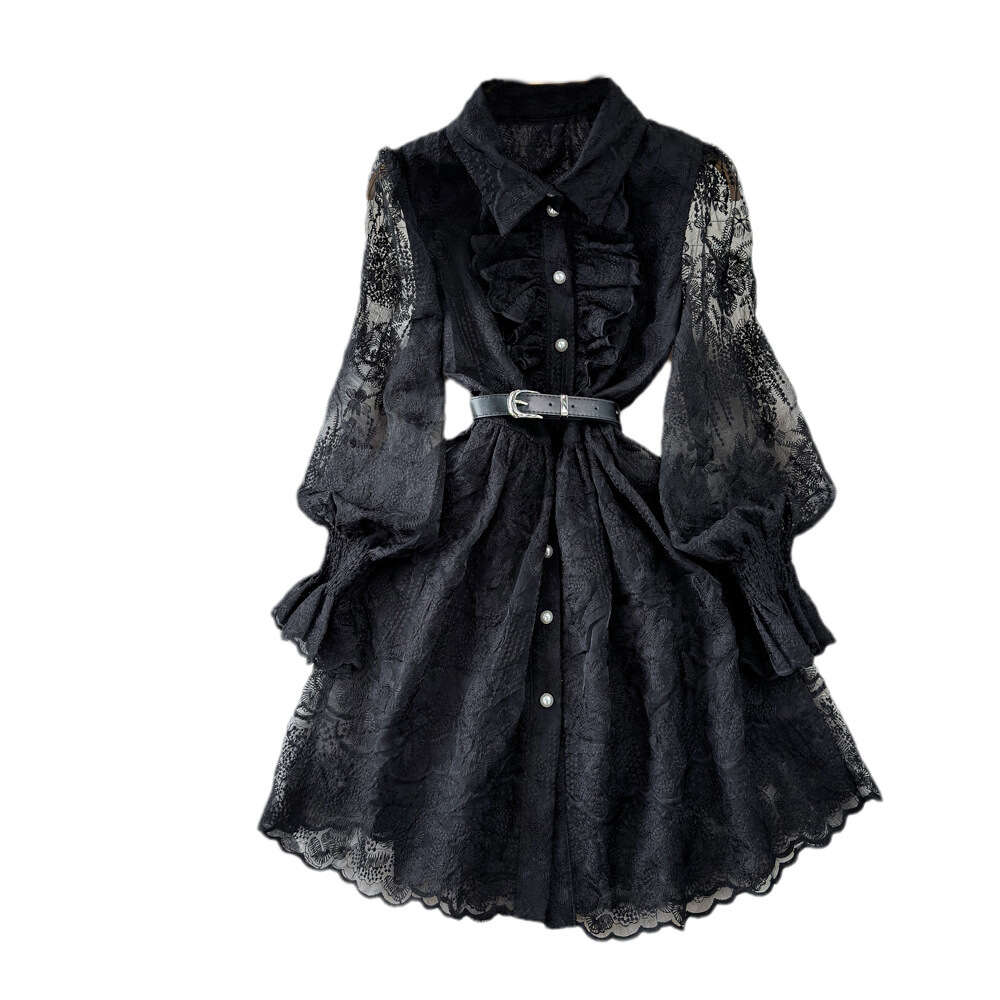 High end light luxury socialite temperament lantern long sleeved lapel waistband slimming effect single breasted A-line embroidered dress for women