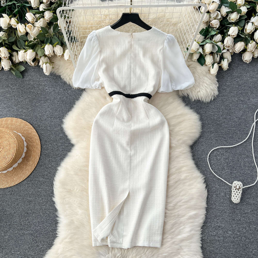 Small Fragrant Wind White Dress Womens Design Feeling Contrast Color V-neck Button Slim Fit Mid length Commuting Style Wrapped Hip Skirt