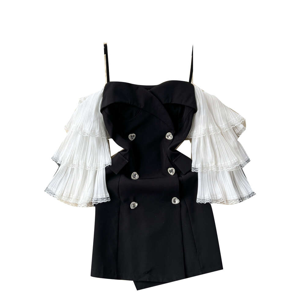 One shoulder strap small black dress for women with socialite style elegant temperament off the shoulder flared sleeves love button up dress dress