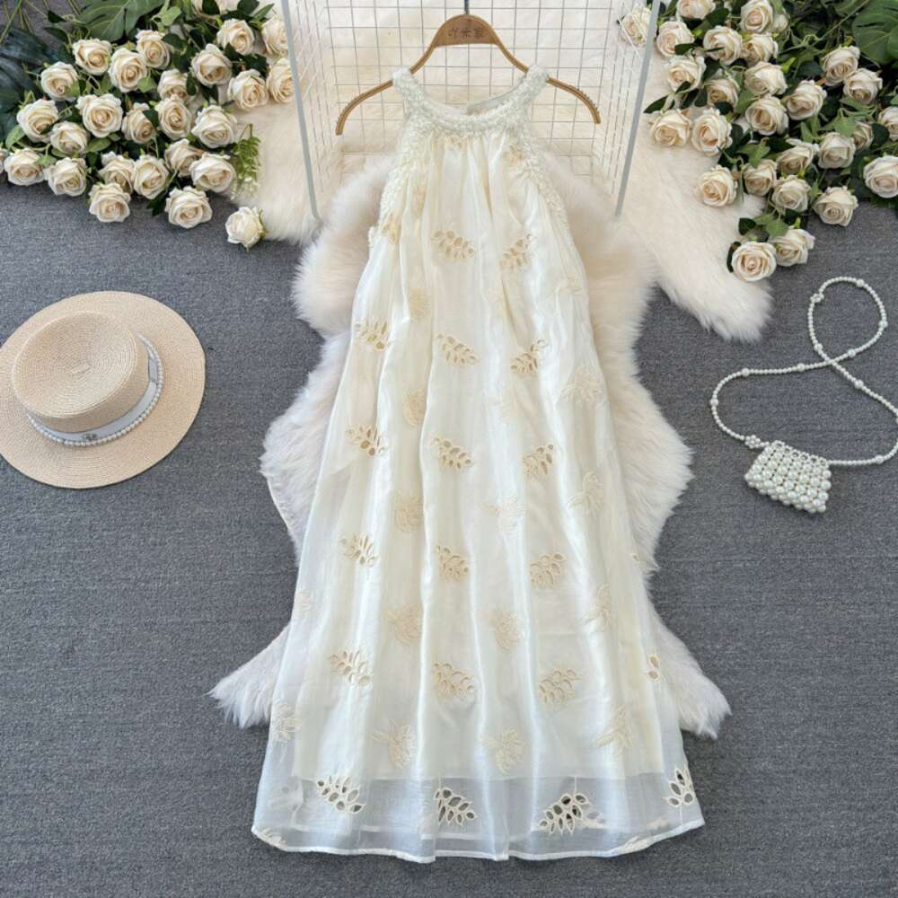 Fashionable and gentle style socialite temperament hanging neck off shoulder loose A-line embroidered dress seaside vacation long dress summer