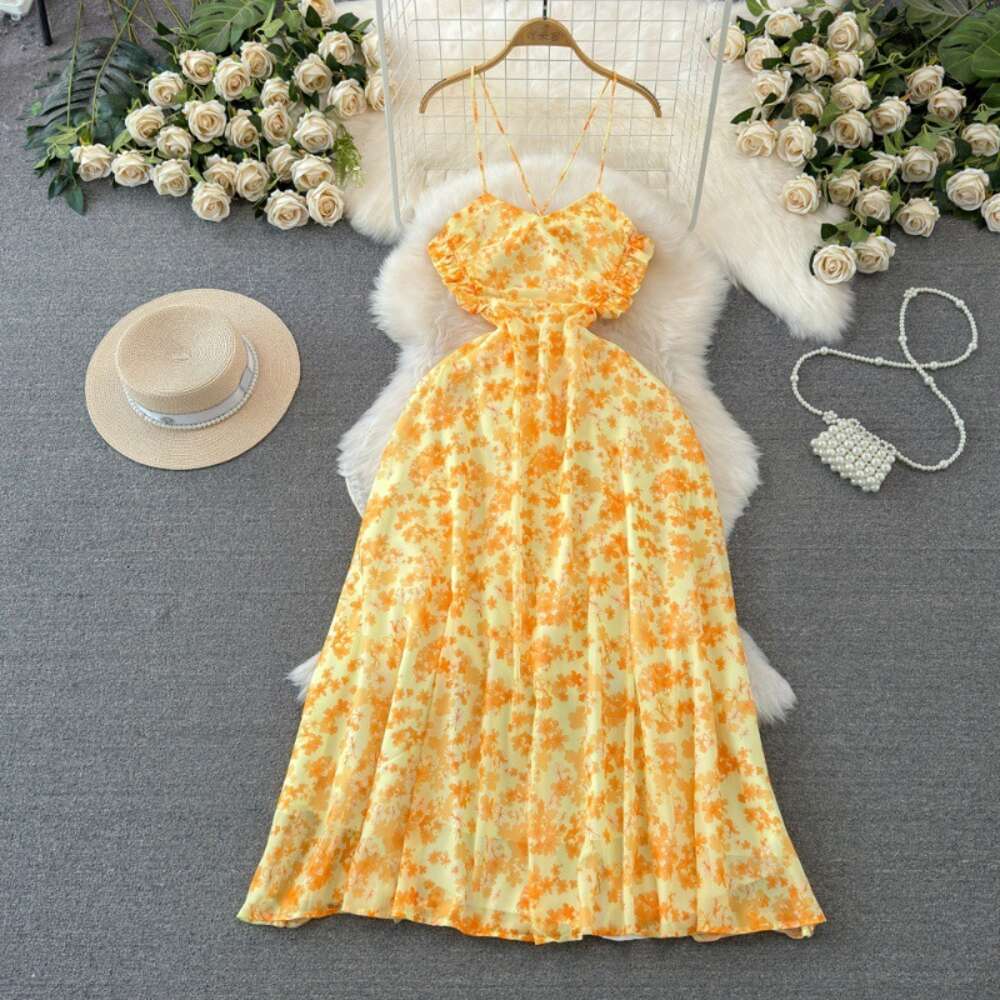 Beach resort style yellow floral dress summer fashion waist tightening slimming effect A-line backless strapless long dress