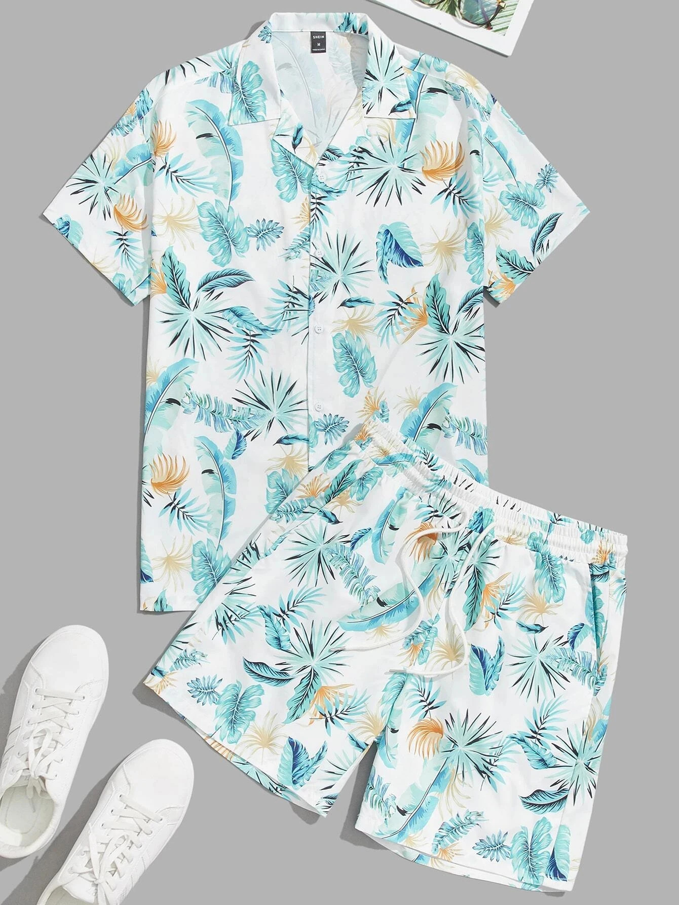 Mens and Womens Summer Short Sleeve Shirt Set Tropical Plant Flower Print Fashion Lapel Button Top Shorts 240523