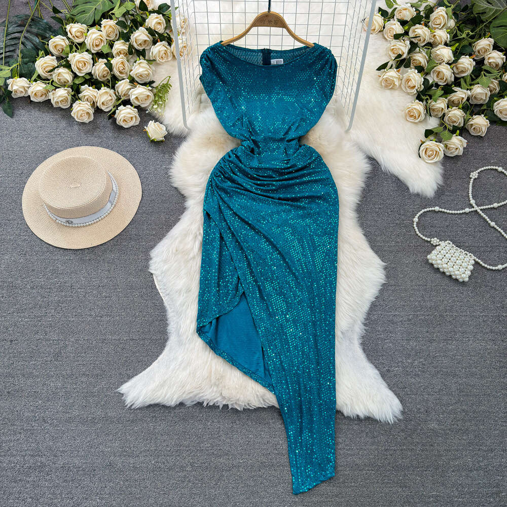 Feminine and socialite temperament sleeveless round neck waist length irregular sparkling sequin wrapped buttocks dress