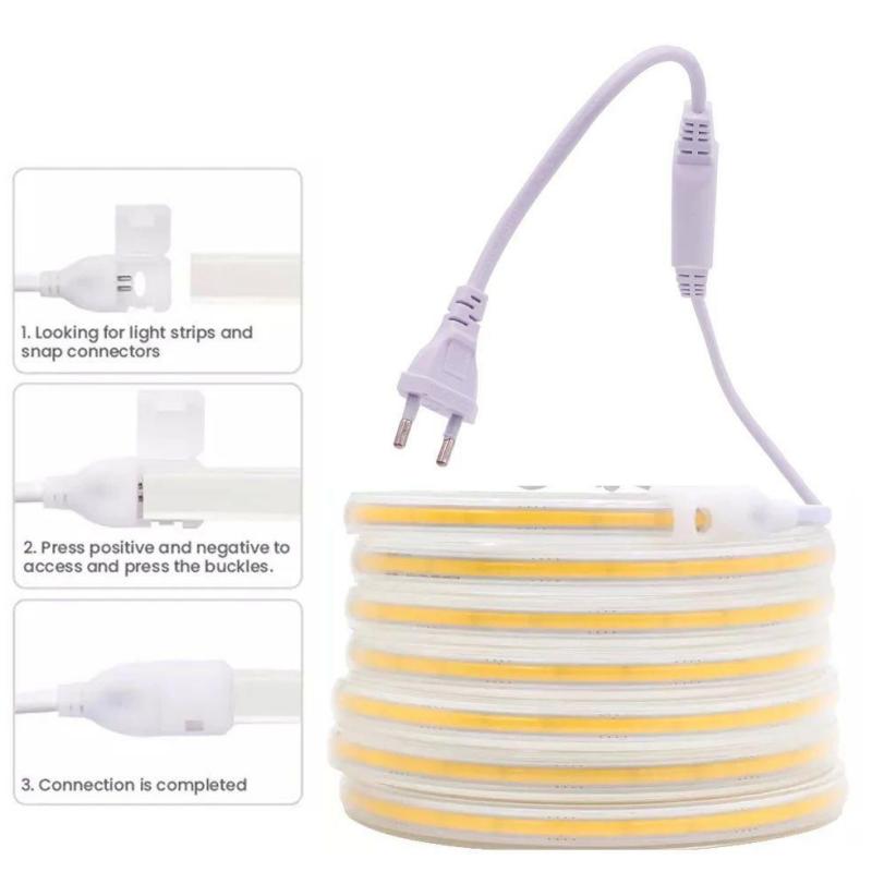 Led Strip Lights 220V High Brightness COB Led Strip IP65 Waterproof Adhesive Flexible Ribbon for Room Outdoor Garden Lighting
