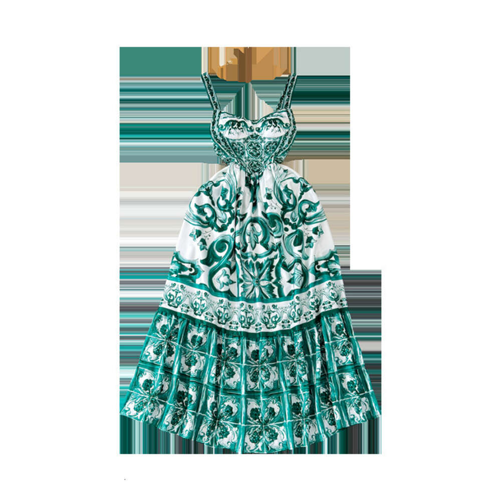 Ethnic style waistband slimming and elegant camisole dress for womens summer haute couture high-end printed stunning A-line long skirt