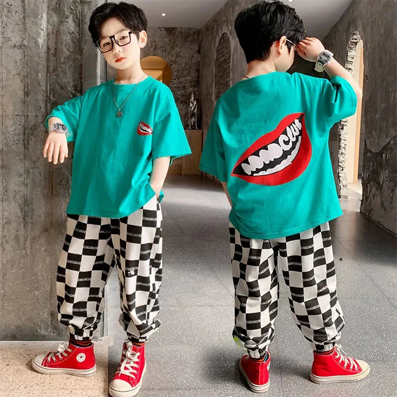 Summer Teenage Boy Girls Clothes Set Children Tshirts and Plaid Pants 2 Pieces Suit Kid Short Sleeve O Neck Top Bottom Tracksuit 240531