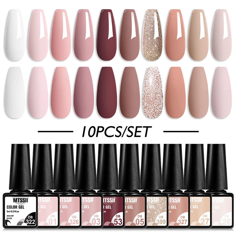 10PCS Nude Gel Nail Polish Set Pink Brown Winter Colors Glitter Semi anent All For Manicure Nails Art UV Gel Varnishes Kit 240603