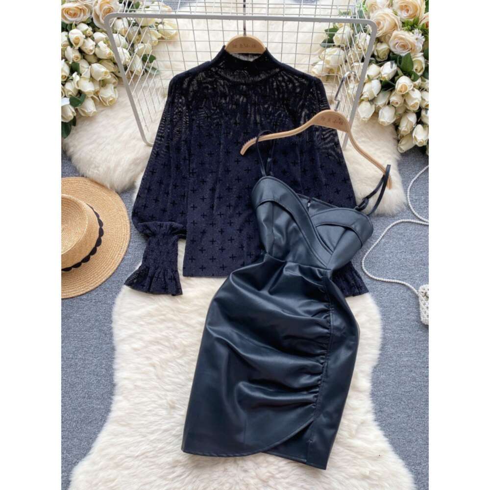 Royal Sister Fan suspender small leather skirt set womens high-end long sleeved mesh bottom shirt+two-piece dress set