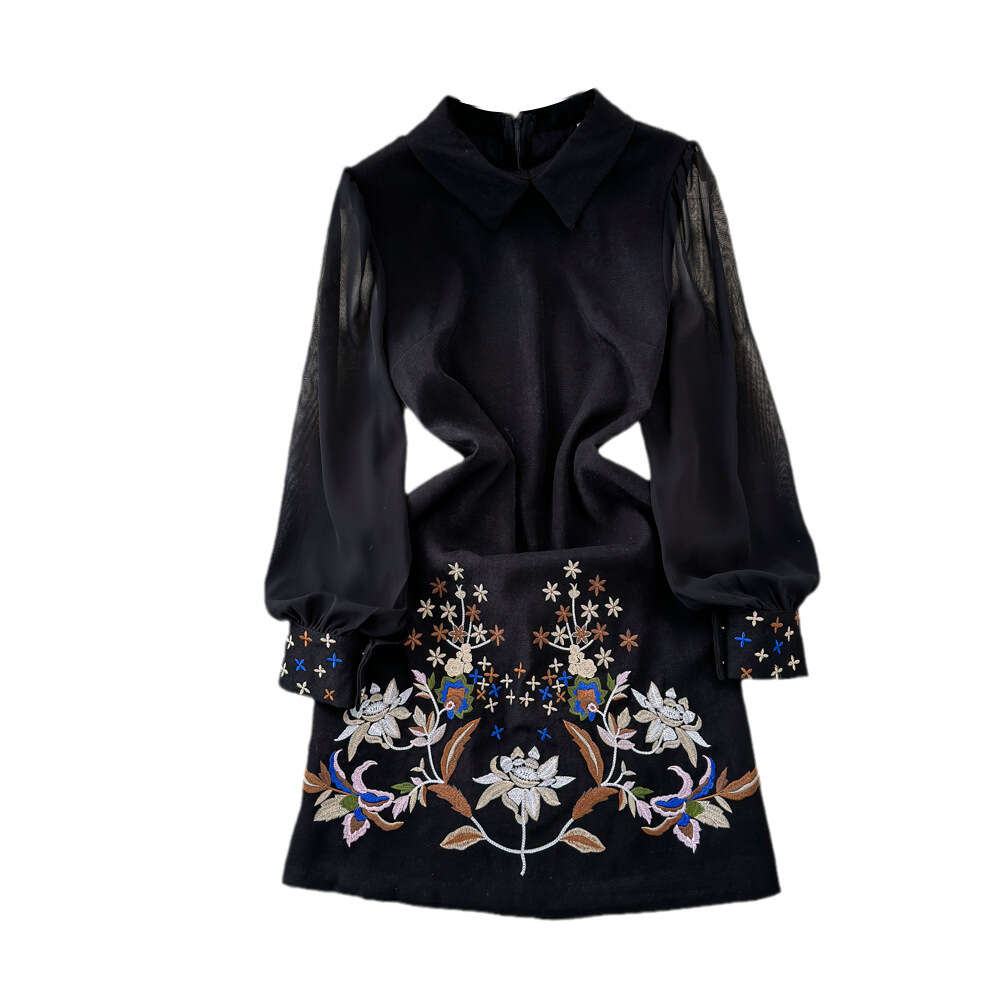 2024 Spring and Autumn Fashion Celebrity Style Long sleeved Polo Neck Waist Wrapped Slim A-line Positioning Printed Dress