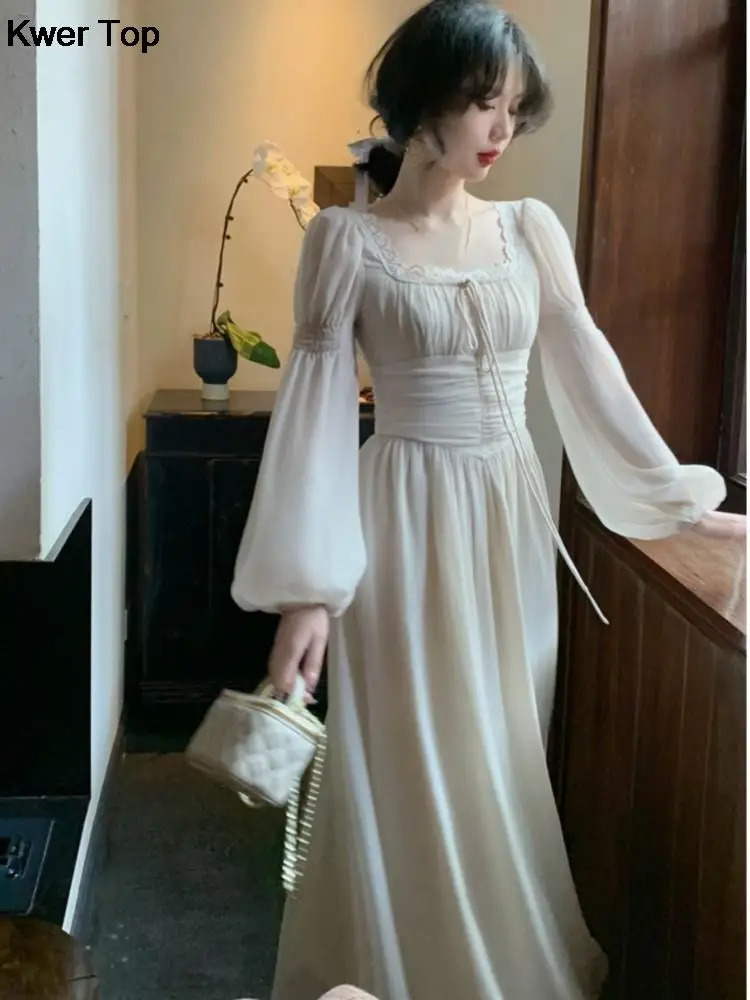 French Elegant Princess Evening Party Midi Dresses for Women Autumn Slim Bandage Long Sleeve Vestidos Korean Spring Clothes 240523