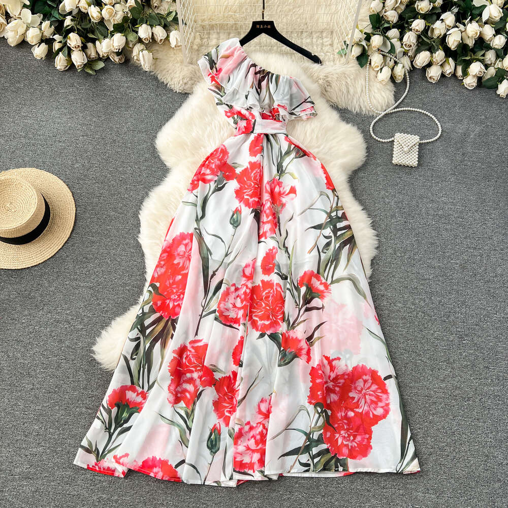 High end vacation dress for women with sexy slanted collar off shoulder ruffled edge slim fit long printed chiffon skirt