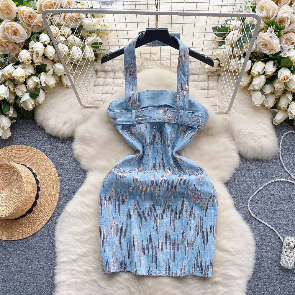 Pure desire dress for women light luxury niche sequin embroidery slim fit short design hanging neck strapless and gold style dress