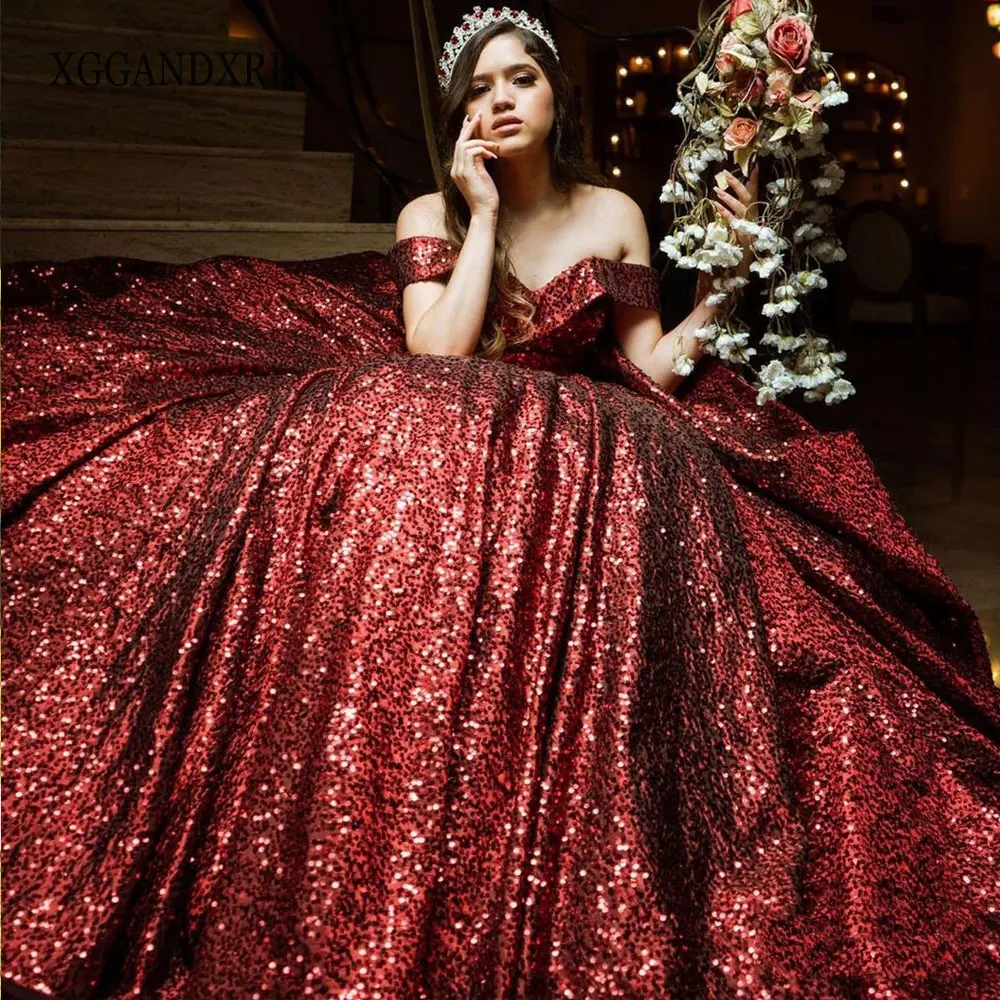 Sparkly Quinceanera Dresses 2024 Vestidos De 15 Quinceanera Off The Shoulder Wine Red Sequined Sweet 16 Dress Birthday Party Ball Gown Lace Up