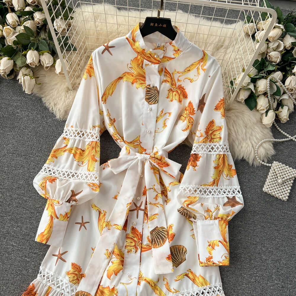 Early Spring Dress for Women 2024 New French Design with Printed Hollow out Spliced Bubble Sleeves Dress