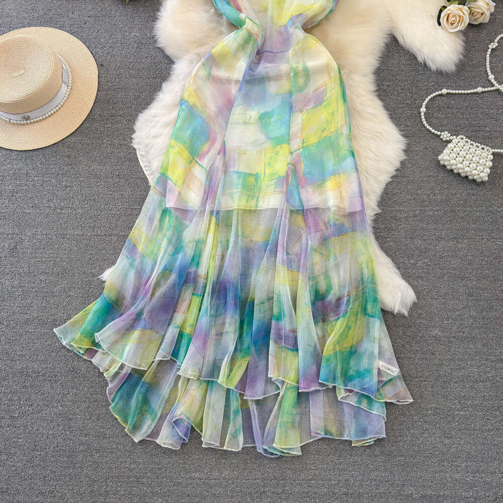 Gentle and sweet strapless waist cinching A-line halo dyed print fishtail strap dress for beach vacation beach dress