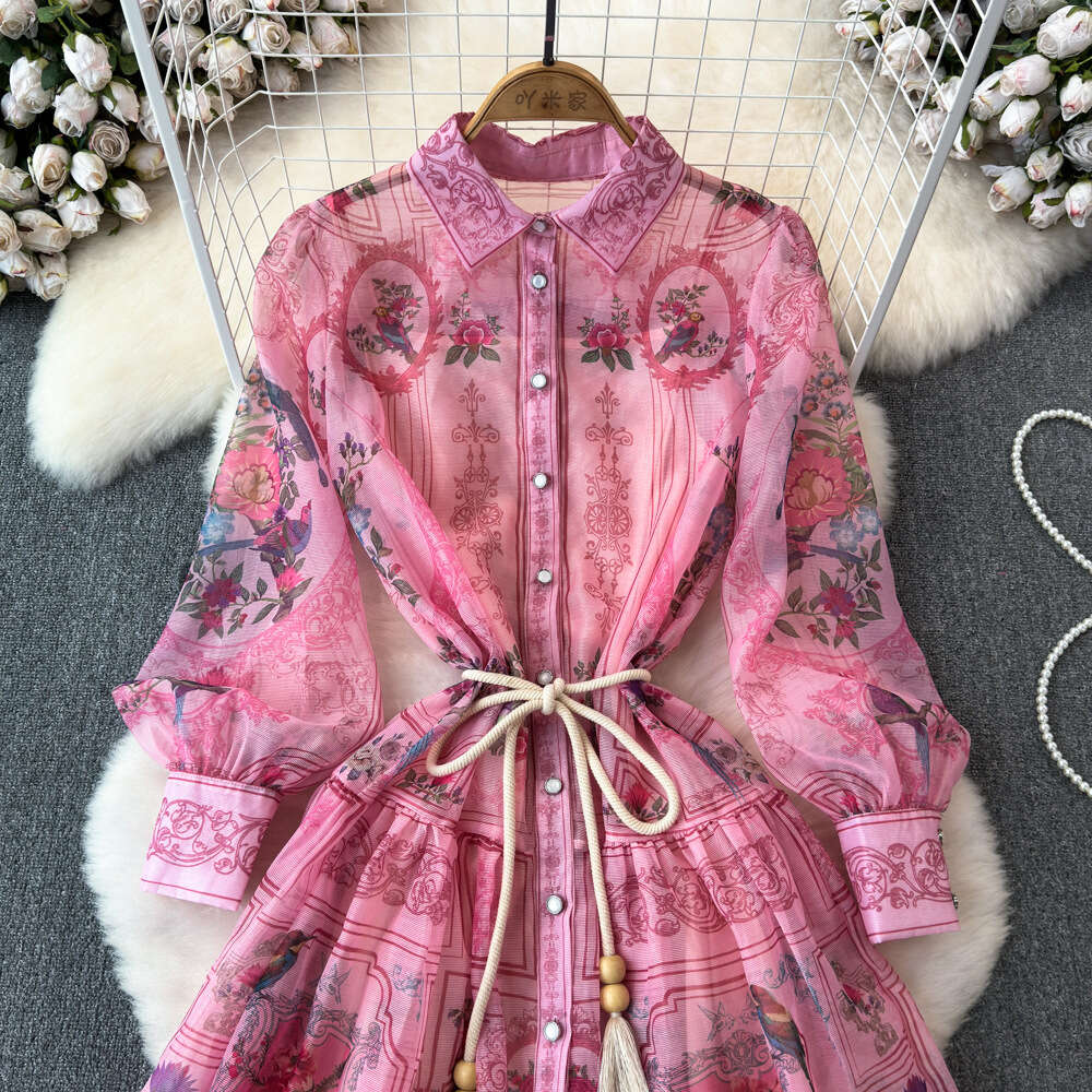 Spring and Autumn Palace Style Lantern Long sleeved Flip Collar Waist Slimming Single breasted A-line Printed Shirt Dress