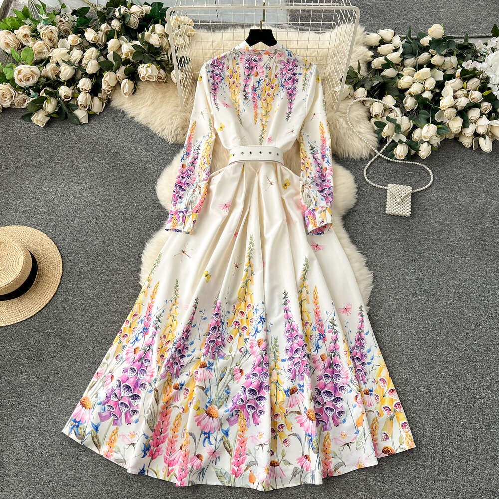 French court style dress high-end socialite bow neckline buckle slim fit long printed and elegant dress