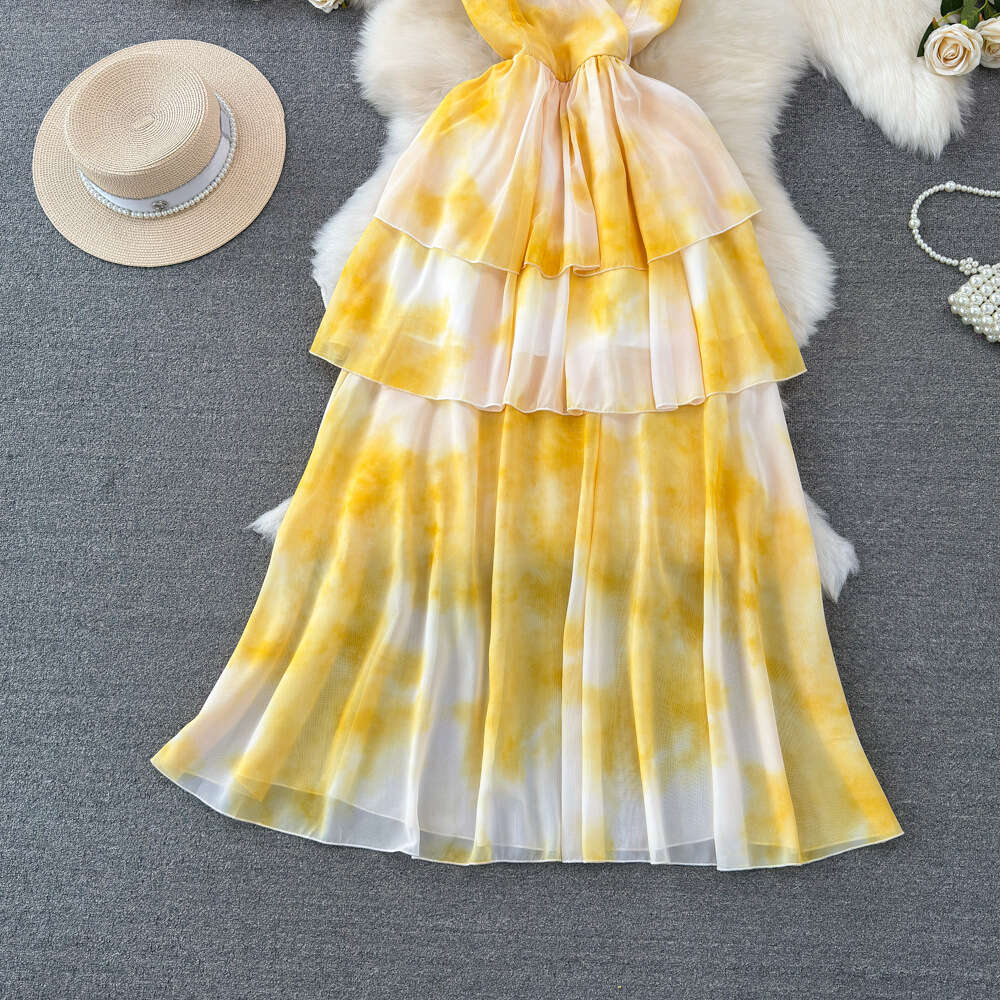 Celebrity temperament V-neck waist cinching slimming medium length A-line ruffled edge printed suspender dress seaside vacation beach