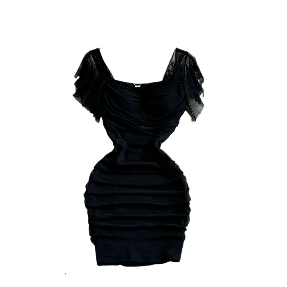 2023 Summer Fashion Sexy Celebrity Elegant Square Neck Waist Closed Slim Short Mesh Wrapped Hip Bottom Dress