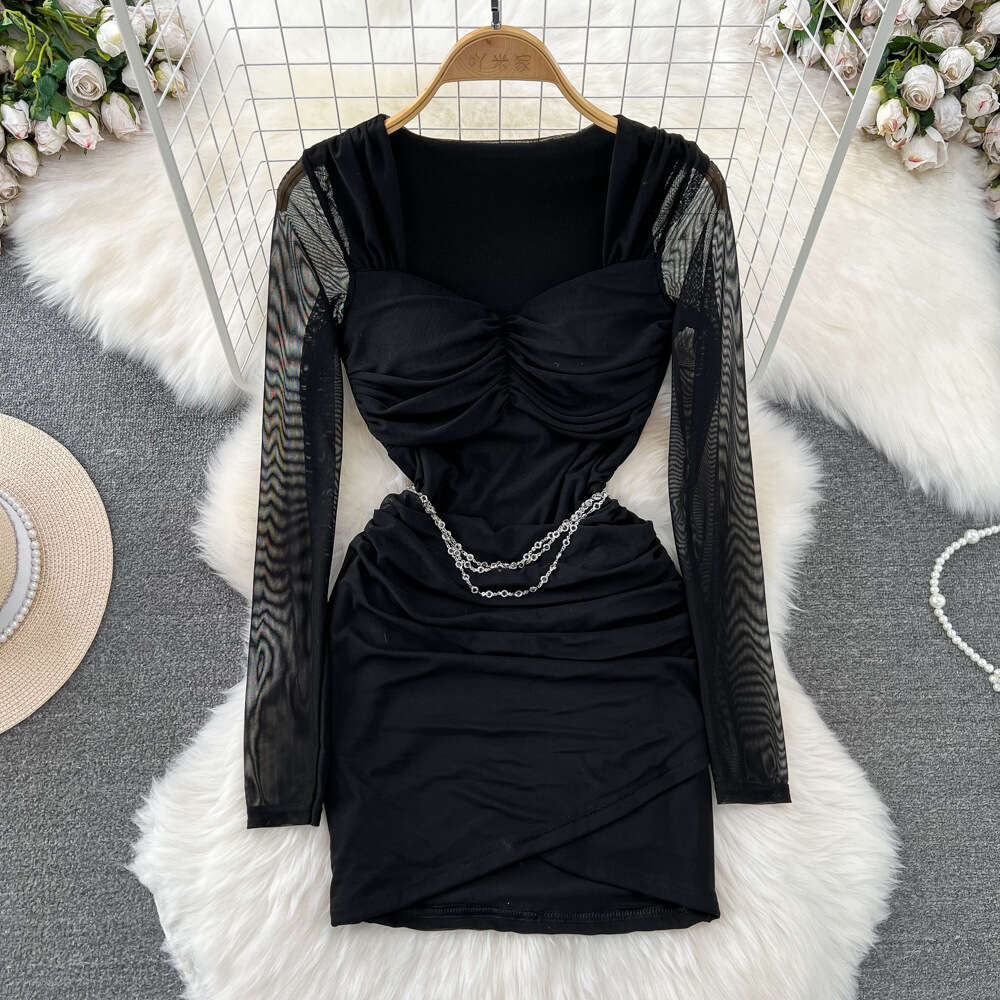 Purely Spicy Girl Sexy Celebrity Temperament Long sleeved Square Neck Waist Wrapped Small Short Fold Mesh Wrap Hip Dress