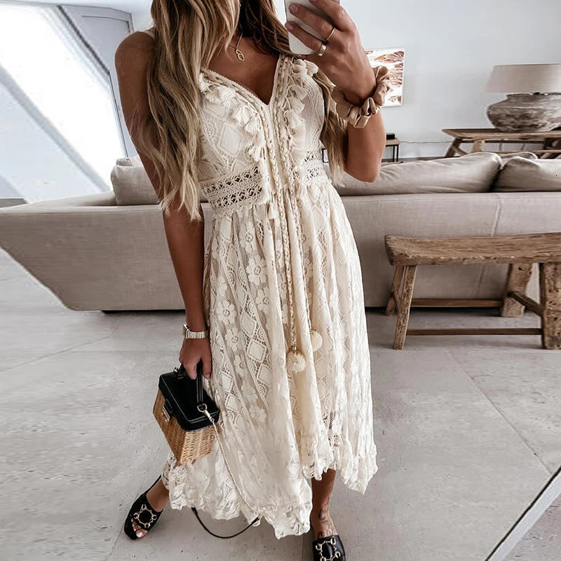 Off Shoulder Lace Patchwork Elegant Dress Women Summer V Neck Spaghetti Strap Dress Female Fashion Solid Party Dresses 240529