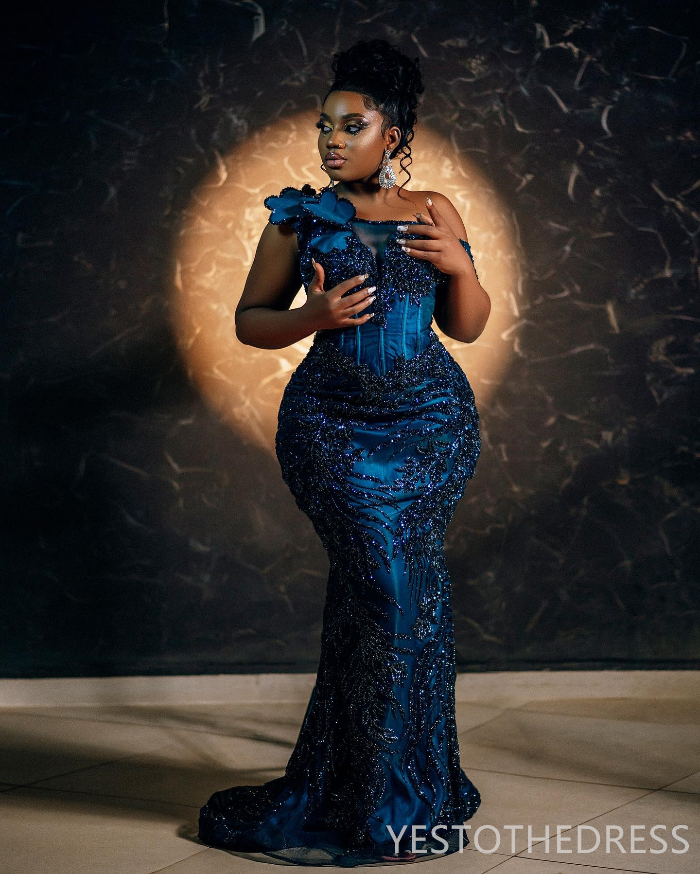 2024 Aso Ebi Prom Dress Navy Blue Mermaid Promdress One Shoulder Evening Formal Gowns Appliqued Beaded Lace Vestido De Sorrie Second Reception Gala Go